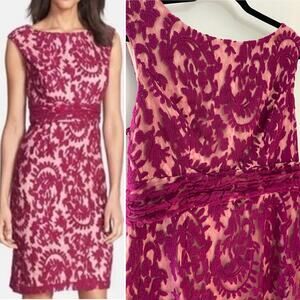 Adrianna Papell‎ Berry Sheath Mini Dress w Lace Overlay & Cap Sleeves Sz 14